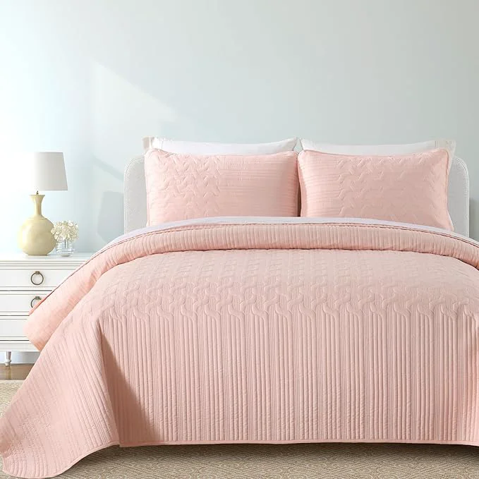 High-End Yiran Blush Pink Quilt Set Queen Size 3 Piece Reversible Bedspreads Bedding Set Fall Wave Striped Pattern Coverlet for All Season with 2 Pillow Shams Full Queen 96×90 Inch Modern