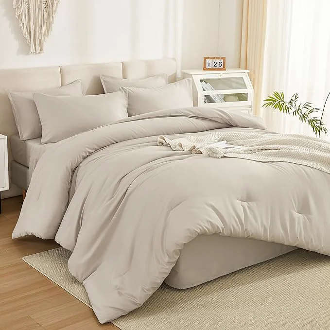Safe Litanika Comforter Full Size Set Tannish Grey – 7 Pieces Bed in a Bag Full Bedding Comforter Sets Plain Lightweight Bed Set with Comforter Sheets Pillowcases amp Shams Pure