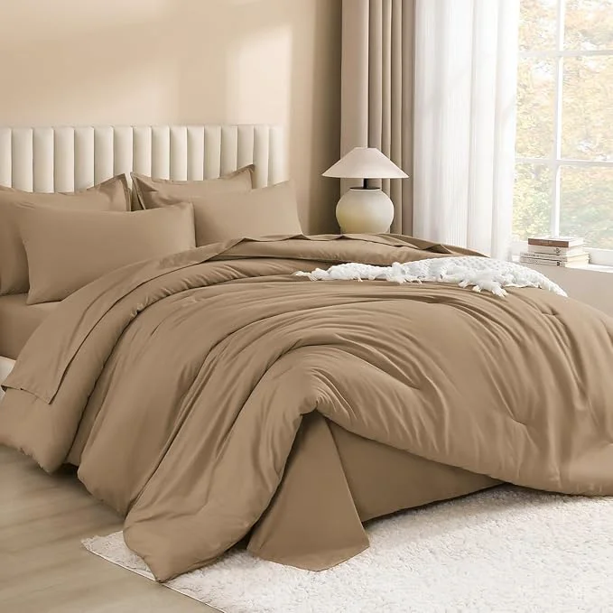 Certified Litanika California King Comforter Set Taupe – 7 Pieces Bed in a Bag Cal King Bedding Comforter Sets Plain Lightweight Bed Set with Comforter Sheets Pillowcases amp Shams Easy-to-Use