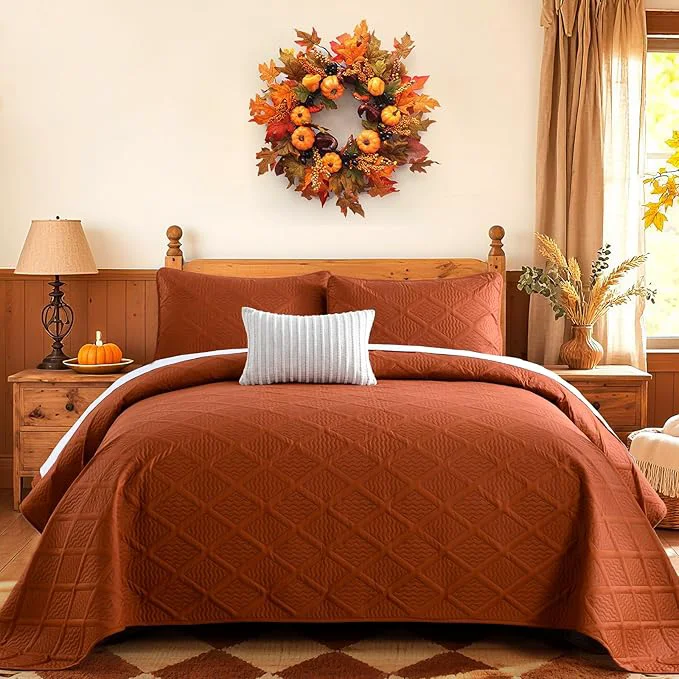 Fast Yiran Burnt Orange Fall Quilt Set King Size Bedding Set Lightweight Bedspreads 3 Piece Soft Microfiber Terracotta Diamond Pattern Bed Coverlet for All Season with 2 Pillow Shams 106×96 Inch Excellent