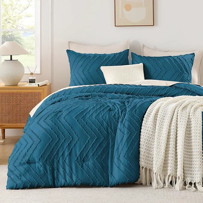 Recyclable Andency Teal Comforter Set Queen Size Boho Soft Warm Tufted Bedding Comforter Sets for Queen Size Bed 3 Pieces Aesthetic Chevron Farmhouse Cute Bohemian Textured Bed Set Reliable
