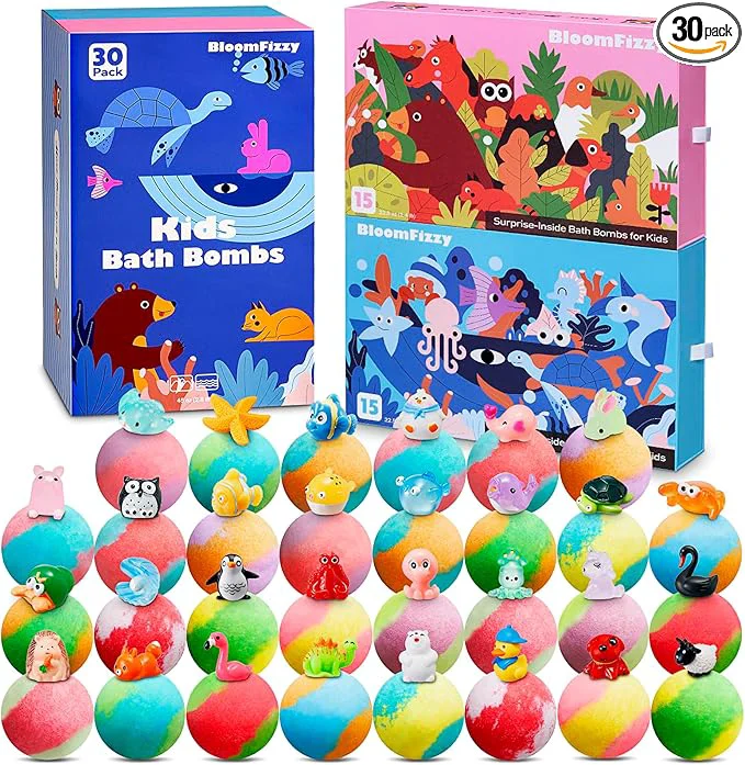 Luxury 30 Kids Bath Bombs with Surprise Inside – Gift Set with 30 Unique Land Sea Effective
