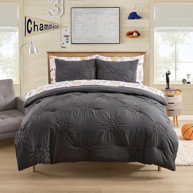 Safe Basketball Pintuck Comforter Set Full Size – Bed in a Bag with Sheets Pillowcases amp Shams – Soft Stylish Sports Bedding – All Season Boys Basketball Bed Set Pure