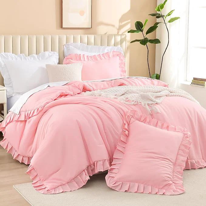 Fashionable Litanika Pink King Size Comforter Set 3 Pieces Ruffle Farmhouse Aesthetic Bedding Comforter Set All Season Soft Lightweight Fluffy Microfiber Bed Set 104x90In Comforter 2 Pillowcases First-Class