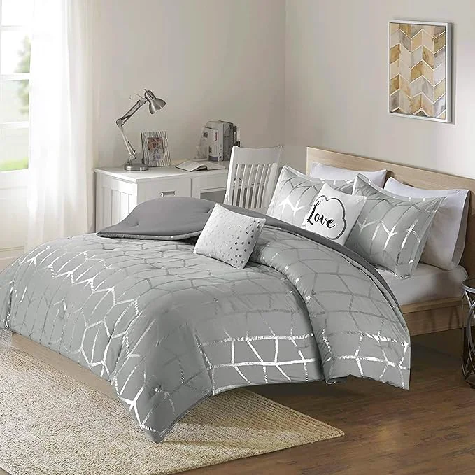 Casual Intelligent Design – ID10-1245 Raina Comforter Set Metallic Print Geometric Design Modern Trendy All Season Bedding Set Matching Sham Decorative Pillow Grey Silver King Cal King 5 Piece Reusable