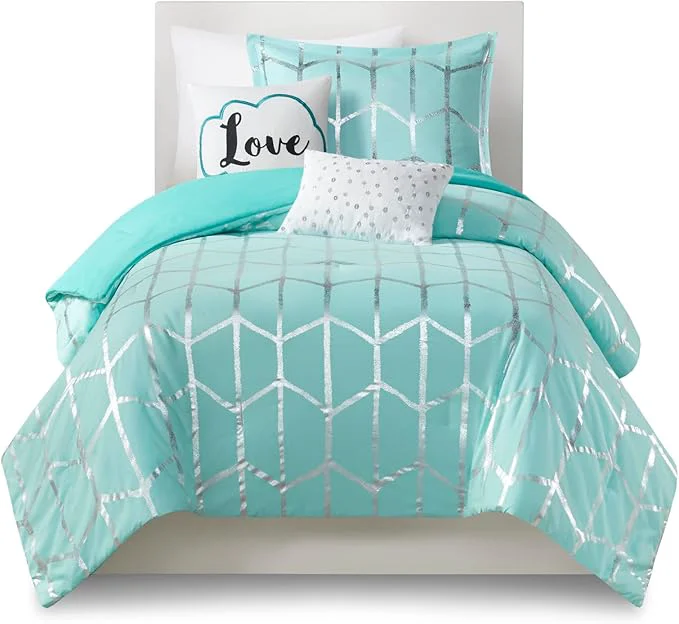 Environmentally Friendly Intelligent Design Raina Twin Twin XL Comforter Set Soft Microfiber Comforter Set Twin Modern Geometric Metallic Bed Set 4 Pieces College Bedding Comforter Set with 1 Sham 2 Toss Pillows Aqua Crafted