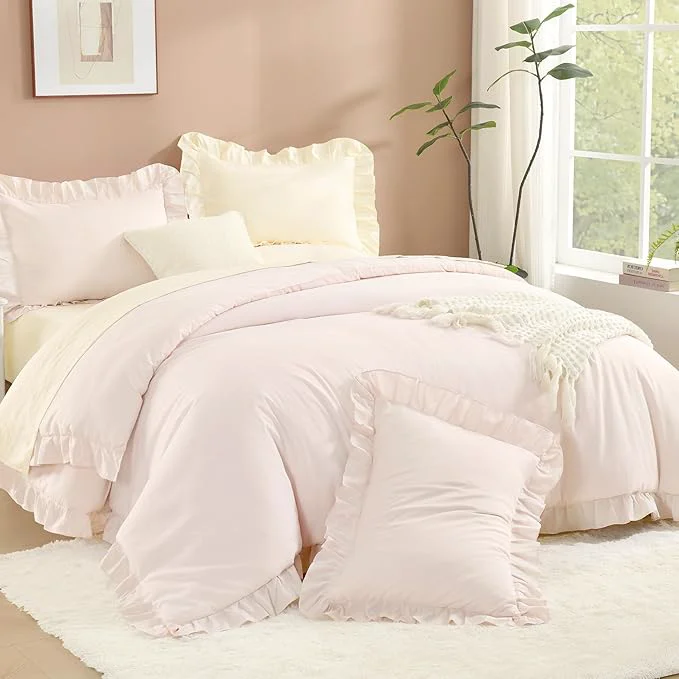 Secure Litanika Light Pink Twin Size Comforter Sets 2 Pieces Ruffle Farmhouse Aesthetic Bedding Comforter Sets All Season Soft Lightweight Fluffy Microfiber Bed Set 66x90In Comforter 1 Pillowcase Carefully Designed
