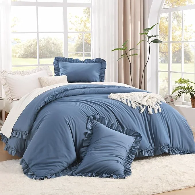 Trendy Litanika Ocean Blue King Size Comforter Set 3 Pieces Ruffle Farmhouse Aesthetic Bedding Comforter Set All Season Soft Lightweight Fluffy Microfiber Bed Set 104x90In Comforter 2 Pillowcases Contemporary