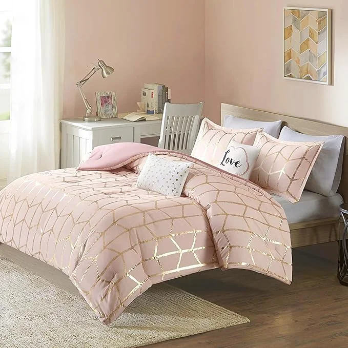 Unique Intelligent Design Raina King Cal King Comforter Set Soft Microfiber Modern Geometric Metallic Bed Set 5 Pieces College Bedding with 2 Shams 2 Toss Pillows Blush Gold Dependable