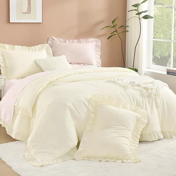 Trusted Litanika Cream King Size Comforter Set 3 Pieces Ruffle Farmhouse Aesthetic Bedding Comforter Set All Season Soft Lightweight Fluffy Microfiber Bed Set 104x90In Comforter 2 Pillowcases Eco-Friendly