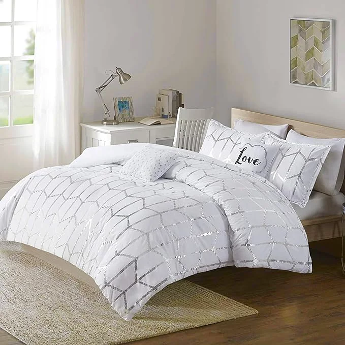 Certified Intelligent Design Raina King Cal King Comforter Set Soft Microfiber Modern Geometric Metallic Bed Set 5 Pieces College Bedding with 2 Shams 2 Toss Pillows White Silver High-Performance
