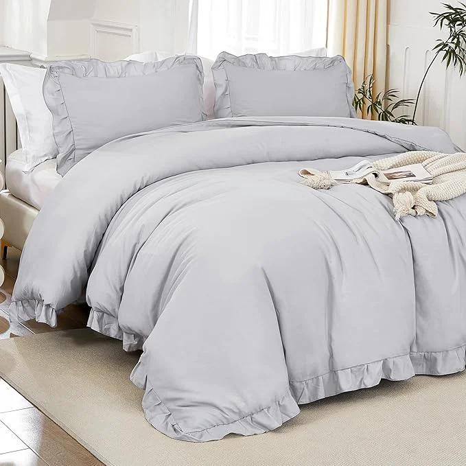Genuine Litanika Light Grey Queen Comforter Set 3 Pieces Ruffle Farmhouse Aesthetic Bedding Comforter Set All Season Soft Lightweight Fluffy Microfiber Bed Set 90x90In Comforter 2 Pillowcases Innovative