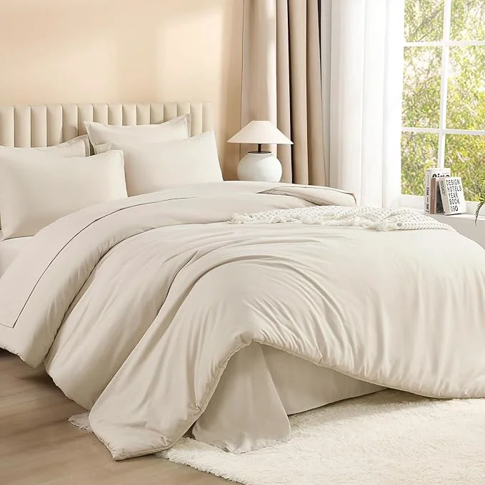 Verified Litanika Oversized King Comforter Sets Beige – 7 Pieces Bed in a Bag Oversized King Bedding Comforter Sets Solid Lightweight Bed Set with Comforter Sheets Pillowcases amp Shams Practical