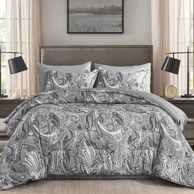 Lightweight DJY Grey Paisley Comforter Set King 7 Piece Boho Paisley Dark Gray Bed in a Bag Comforter Set Soft Microfiber Complete Bedding Set for All Season 104 39 39 x90 Healthy