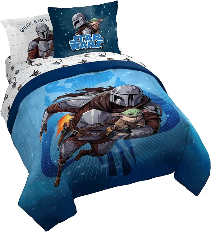 Sophisticated Jay Franco Kids Comforter Set Includes Sheets and Pillow Covers – Soft and Cozy Bed Set for Stylish Room Decor Licensed Bedding Blue – The Mandalorian 7 Piece Queen Long-Lasting