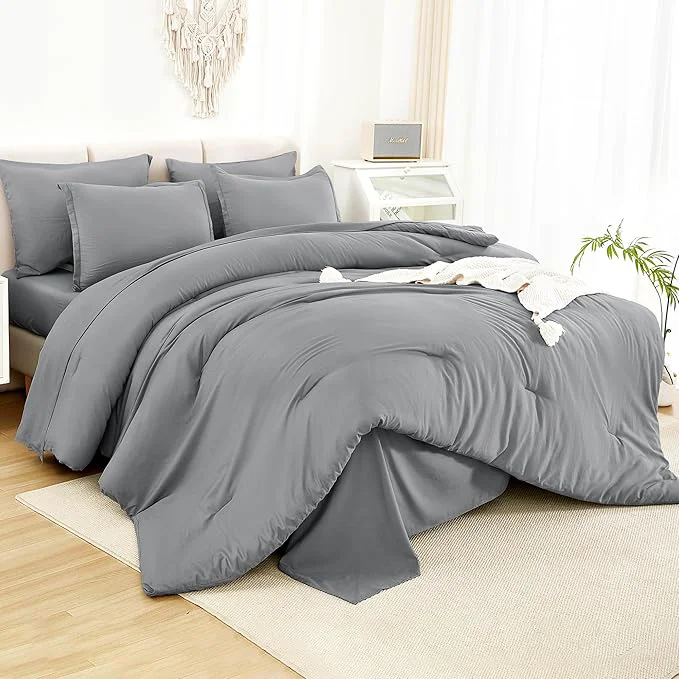 Eco-Friendly Litanika California King Comforter Set Medium Gray – 7 Pieces Bed in a Bag Cal King Bedding Comforter Sets Plain Lightweight Bed Set with Comforter Sheets Pillowcases amp Shams Reusable