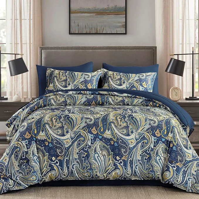 Verified DJY Paisley Comforter Set Queen Size Navy Gold Boho Bed in a Bag 7 Piece Soft Microfiber Vintage Paisley Floral Pattern Complete Bedding Set for All Season 90 39 39 x90 Smooth