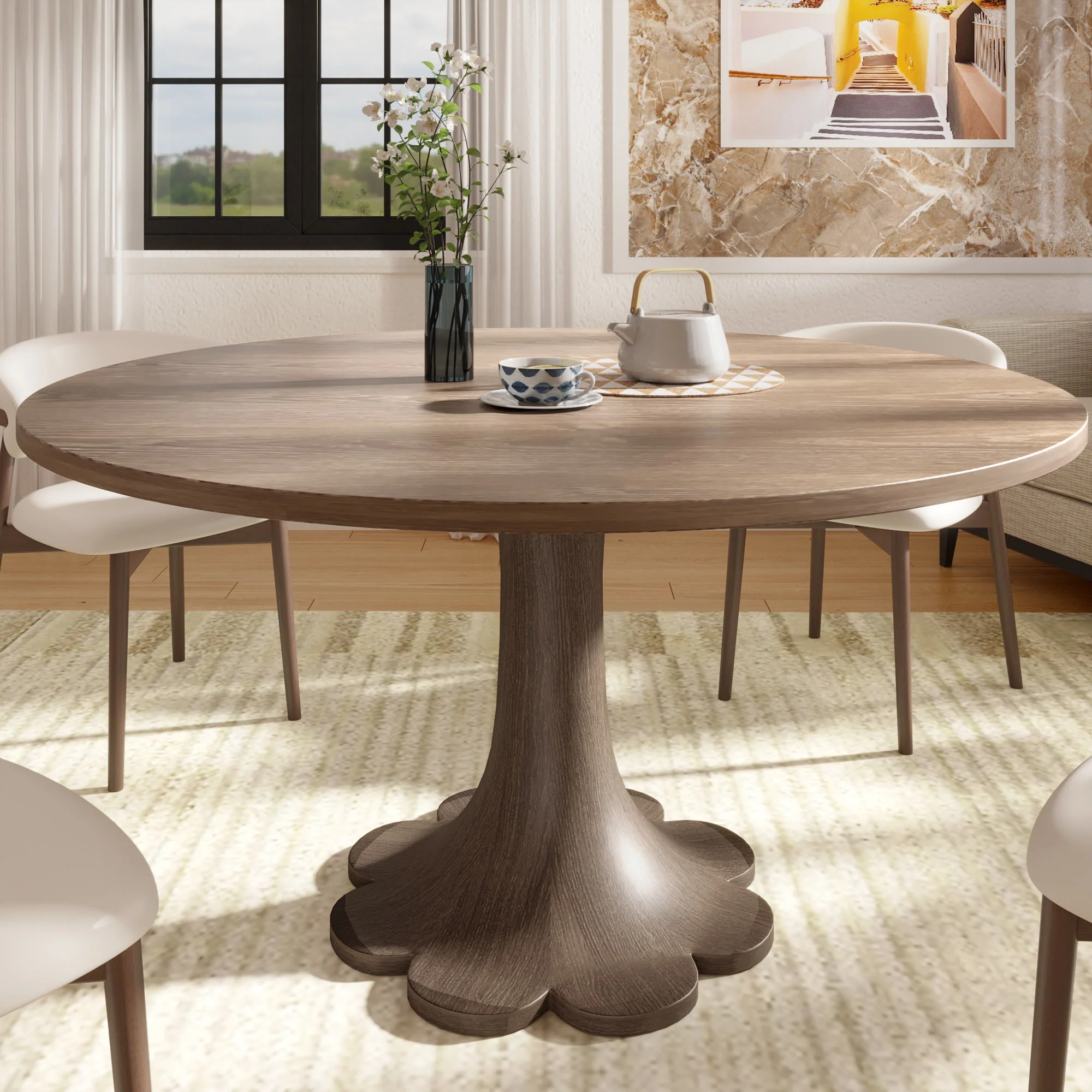 Relaxed Ownkoti Dark Walnut-colored Floral-shape Dining Table For 4-8 Seats Responsible