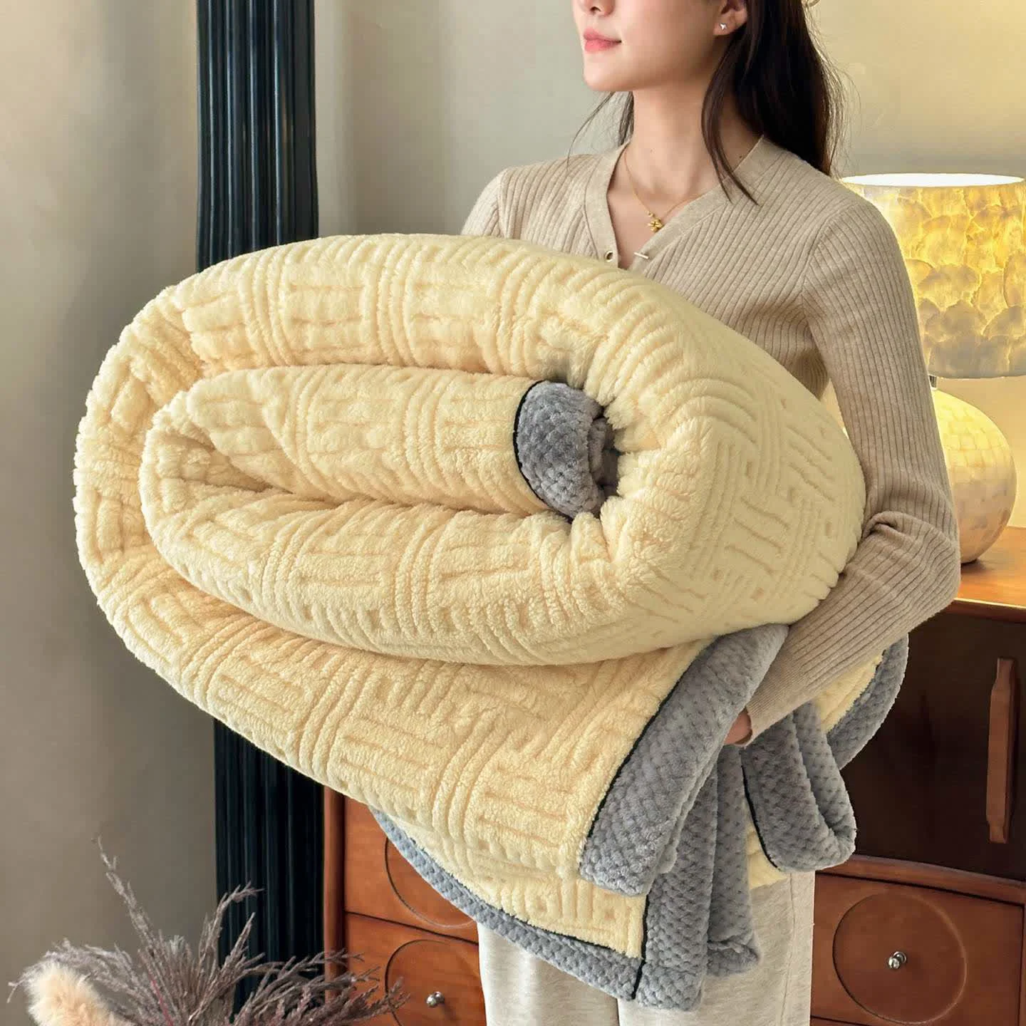 Sophisticated Ownkoti Geometric Embossed Contrast Trim Plush Blanket Traditional