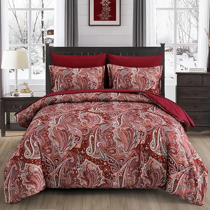 Versatile DJY Red Paisley Comforter Set King Size 7 Piece Bed in a Bag Boho Paisley Pattern Comforter Set Soft Lightweight Microfiber Reversible Bedding Set for All Season 104 39 39 x90 39 39 Clean