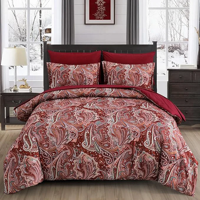 Smooth DJY Red Paisley Comforter Set Full Size 7 Piece Bed in a Bag Boho Paisley Pattern Comforter Set Soft Lightweight Microfiber Reversible Bedding Set for All Season Full Top-Quality