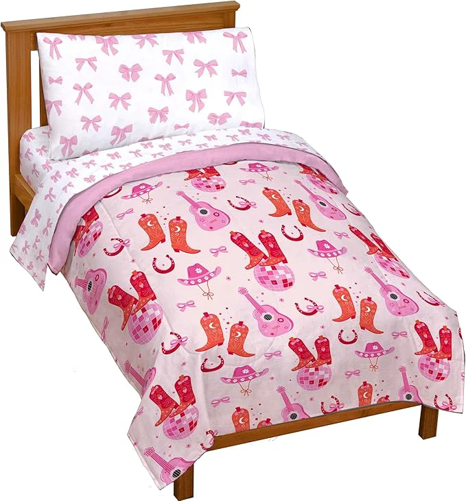 Smooth Jay Franco Kids Comforter Set Includes Sheets and Pillow Covers – Soft and Cozy Bed Set for Stylish Room Decor Pink – Cowgirl Boots amp Bows 4 Piece Toddler Size Bedding Secure