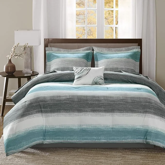 Original Madison Park Essentials Queen Comforter Set Bed in a Bag Queen Watercolor Print Coastal Comforter amp Chambray Cotton Sheet Set All Season Bedding Set Saben Aqua Queen 90 in x 90 in 9 Piece Trendy