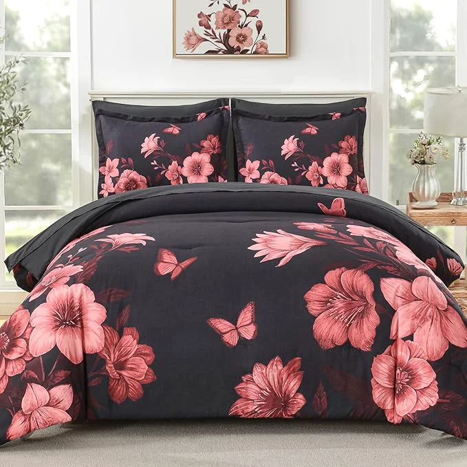 Environmentally Friendly Floral Comforter Set Queen Size 7 Piece Black Bed in a Bag Elegant Flower Pattern Comforter Set with Sheet Soft Microfiber Complete Bedding Sets for All Season User-Friendly