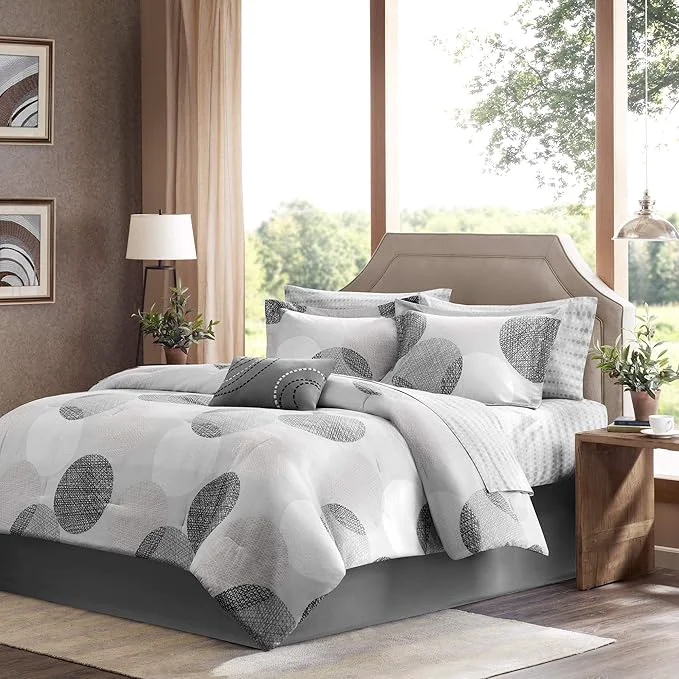 Contemporary Madison Park Essentials Bed in a Bag Comforter Vibrant Color Design All Season Down Cover with Complete Cotton Sheet Set King 104 quot x92 quot Knowles Circular Grey 9 Piece Prestigious
