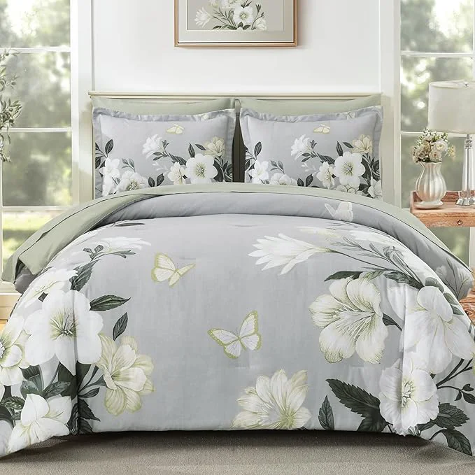 Recyclable Floral Comforter Set Queen Size 7 Piece Sage Green Bed in a Bag Elegant Flower Pattern Comforter Set with Sheet Soft Microfiber Complete Bedding Sets for All Season Breathable