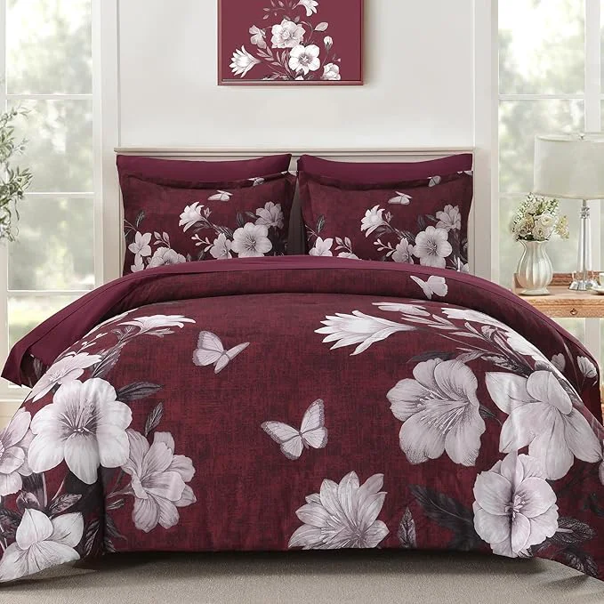 Fast Floral King Size Comforter Set 7 Pieces Burgundy Bed in a Bag Elegant Floral Butterfly Comforter and Sheet Set Soft Microfiber Bedding Sets for All Seasons Burgundy 104 quot x90 quot Green