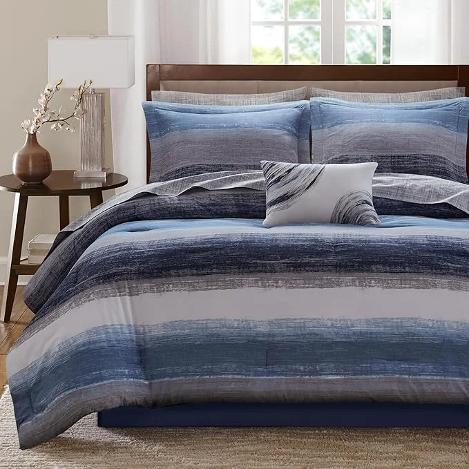 Trendy Madison Park Essentials King Comforter Set Bed in a Bag Watercolor Print Coastal Comforter amp Chambray Cotton Sheet Set All Season Bedding Set Saben Navy King 104 in x 92 in 9 Piece Professional