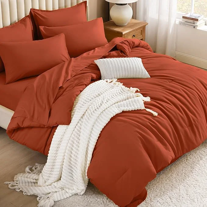 First-Class Litanika Burnt Orange Comforter Full Size Set – 7 Pieces Terracotta Bed in a Bag Full Bedding Comforter Sets Plain Lightweight Bed Set with Comforter Sheets Pillowcases amp Shams World-Class