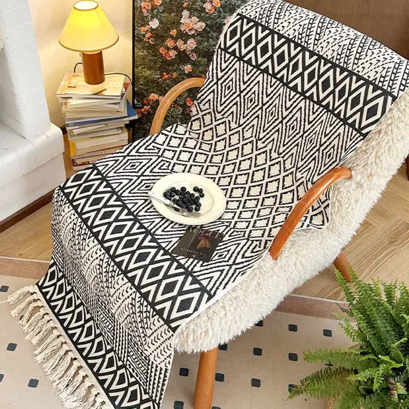 Detailed Ownkoti Modern Geometric Cotton Linen Tassel Mat Flexible