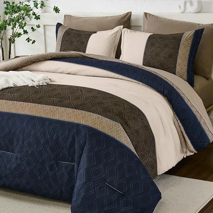 Durable Dinjoy Navy Brown King Size Comforter Set Striped Boho Bed in a Bag King 7 Pieces Soft Fall Bedding Comforters Sets wiht Sheets Microfiber Complete Bed Sets for All Season Environmentally Friendly