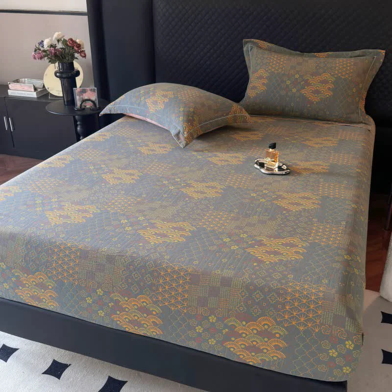 Organic Ownkoti Retro Fan Pattern Cotton Fitted Sheet Breathable