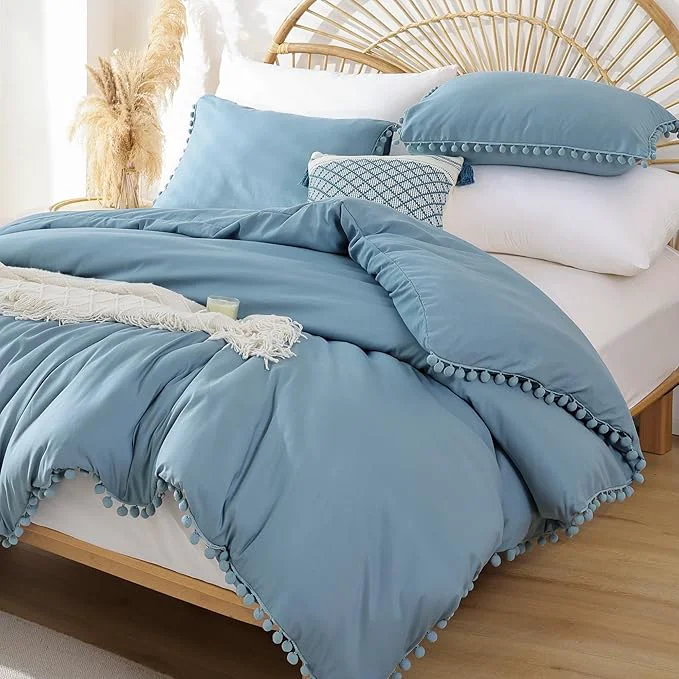 Lightweight YIRDDEO Twin Comforter Set – Comforter Twin Size Bed with Ball Pom Fringe Soft Bedding Set for All Seasons – 2 Pieces 1 Comforter 66 quot x90 quot amp 1 Pillow Sham 20 quot x26 quot Dusty Blue Pure