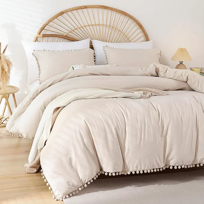Verified YIRDDEO Queen Comforter Set – Comforter Queen Size Sets with Ball Pom Fringe Soft Bedding Set for All Seasons – 3 Pieces 1 Comforter 90 quot x90 quot amp 2 Pillow Shams 20 quot x26 quot Beige Smart