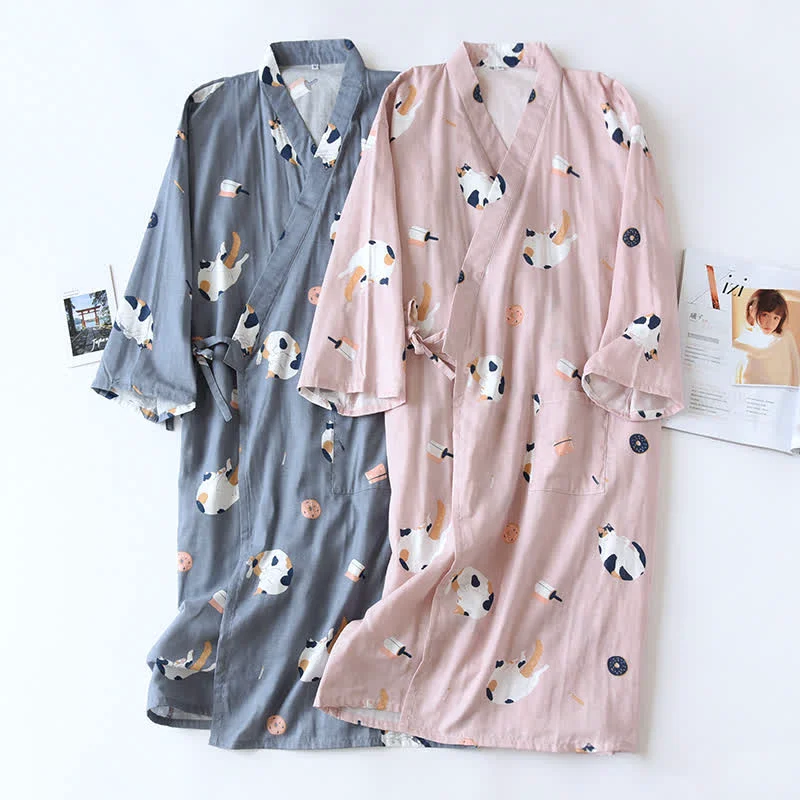 Verified Ownkoti Matching Cat Cotton Gauze Kimono Bathrobe Expertly Made