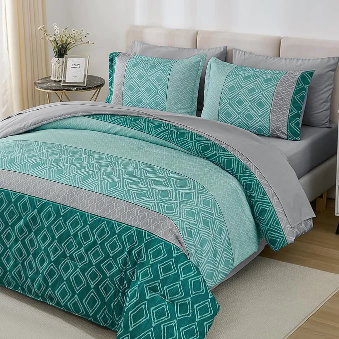 Crafted Dinjoy Queen Comforter Set Boho Soft Teal Striped 7 Piece Bed in a Bag Queen Size Warm Blue Green Bedding Sets Plaid Comforters Bed Set with Sheets for Family Fall Winter Effective