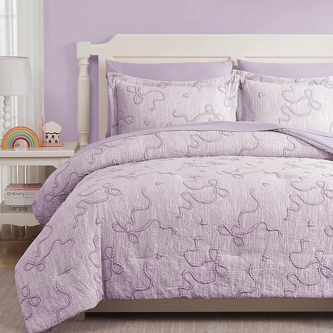 Innovative Geniospin Light Purple Queen Comforter Set for Girls- 7 Pieces Bowknot Jacquard Bed in A Bag Queen Bedding Sets with Sheets Pillowcases amp Shams All Season Kids Comforter Set Superior
