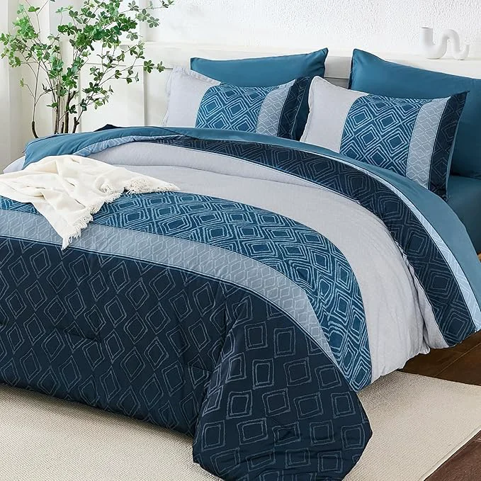 World-Class Dinjoy Navy Blue King Size Comforter Set Striped Bed in a Bag King 7 Pieces Soft Microfiber Fall Bedding Comforters Sets with Sheet Boho Bed Complete Set for Men All Season Excellent