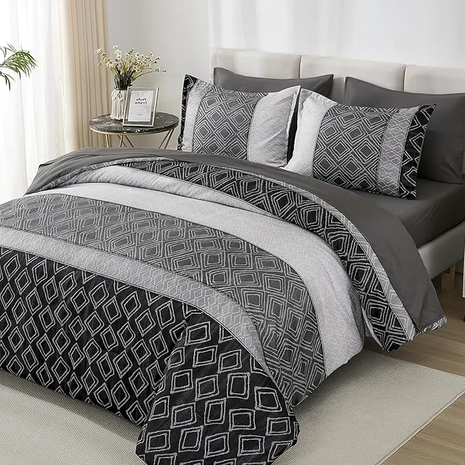 Powerful Dinjoy Queen Comforter Set Dark Gray Boho Soft 7 Piece Bed in a Bag Queen Size Lightweight Black Bedding Sets Striped Comforters with Plaid Bed Set with Sheets for Men All Season Environmentally Friendly
