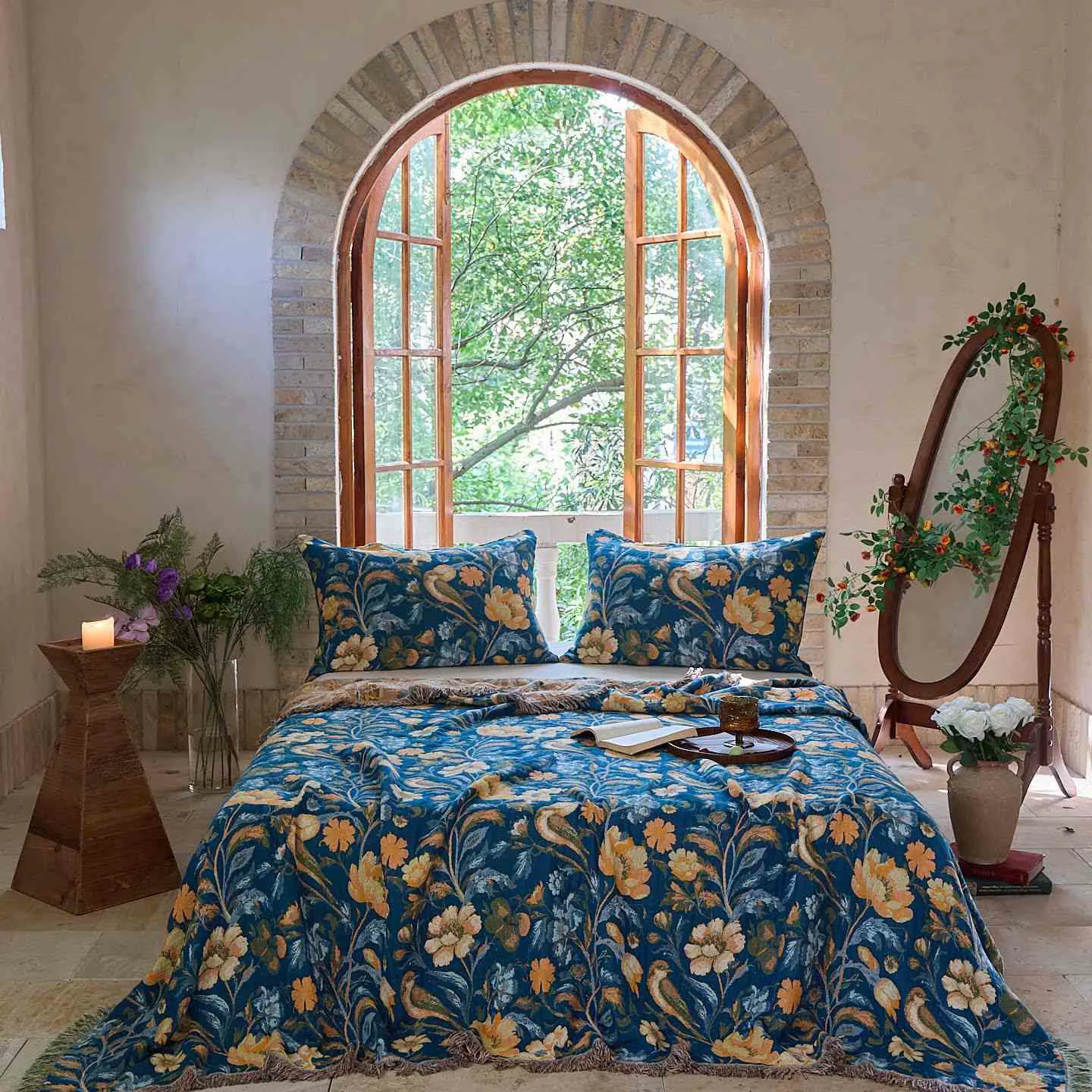 Organic Ownkoti Vibrant Floral Bird Tassel Cotton Quilt Artisan
