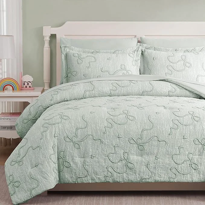Contemporary Geniospin Light Green Full Comforter Set for Girls- 7 Pieces Bowknot Jacquard Bed in A Bag Full Bedding Sets with Sheets Pillowcases amp Shams All Season Kids Comforter Set Proven