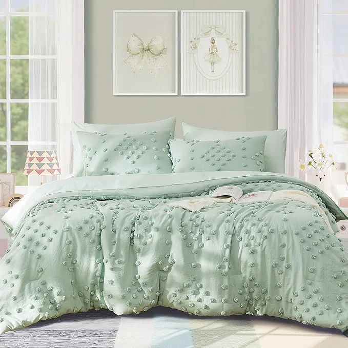 Versatile Geniospin Sage Green Queen Comforter Set for Girls- 7 Pieces Pom Tufted Bed in A Bag Twin Bedding Sets with Sheets Pillowcases amp Shams All Season Kids Comforter Set Natural