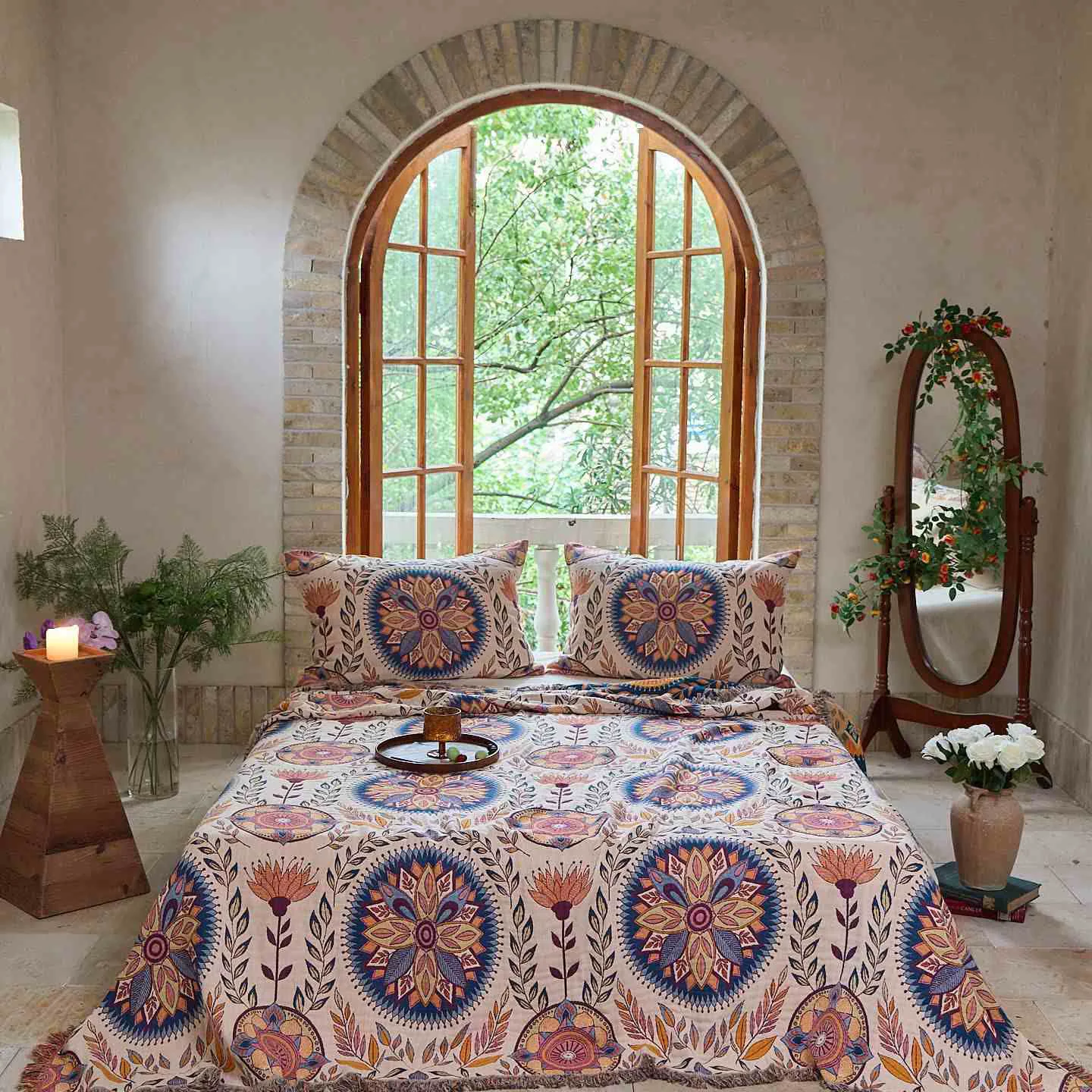 Modern Ownkoti Floral Medallion Cotton Tassel Quilt Selected