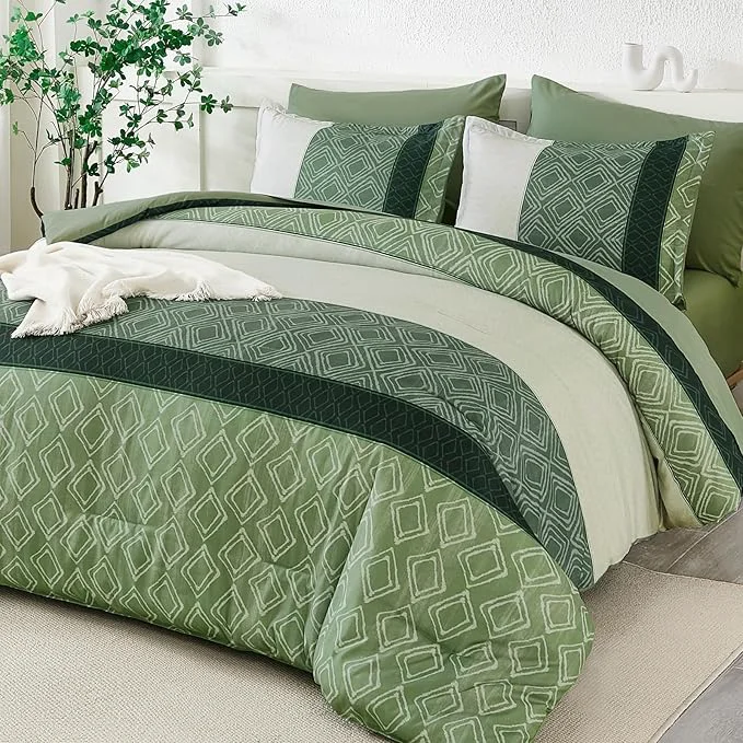 Safe Dinjoy Green King Size Comforter Set Striped Bed in a Bag King 7 Pieces Soft Microfiber Bedding Comforters Sets Boho Bed Complete Set for Summer All Season Dependable