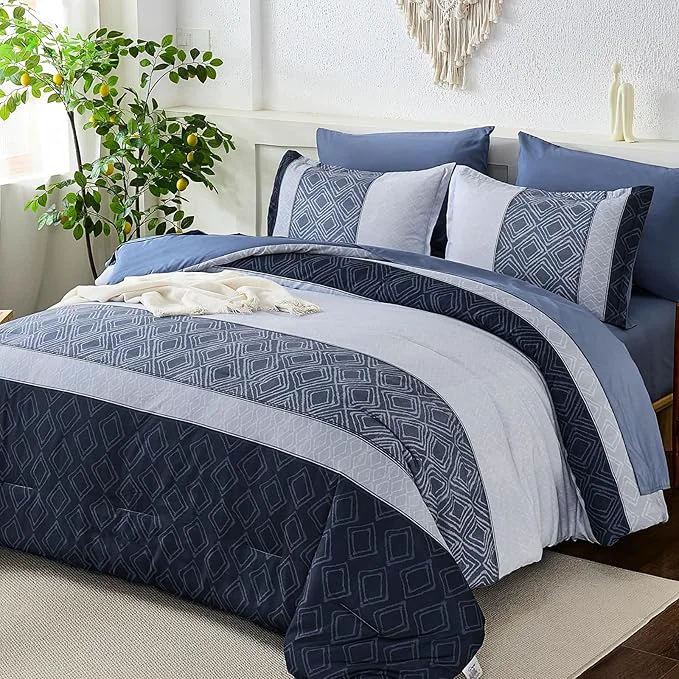 Authentic Dinjoy Boho Queen Comforter Set Mineral Blue 7 Piece Bed in a Bag Queen Size Warm Striped Fall Bedding Sets with Plaid Comforters with Sheets for Family All Season Outstanding