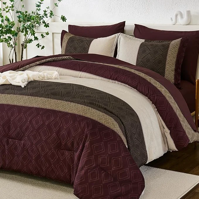 Certified Dinjoy Burgundy King Size Comforter Set Striped Boho Bed in a Bag King 7 Pieces Soft Fall Bedding Comforters Sets wiht Sheets Microfiber Complete Bed Sets for All Season Specialty